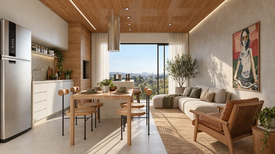 Imagem 3D de apartamento studio, bairro planejado em Porto Belo, SC. Feita pela Oficina3D.