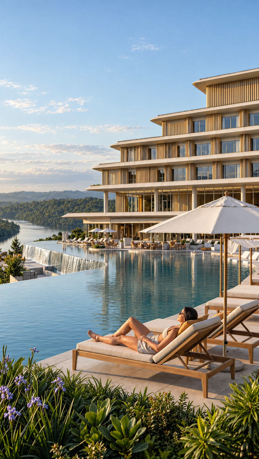 Imagem 3D de borda da piscina, hotel e resort em Piratuba, SC. Feita pela Oficina3D.
