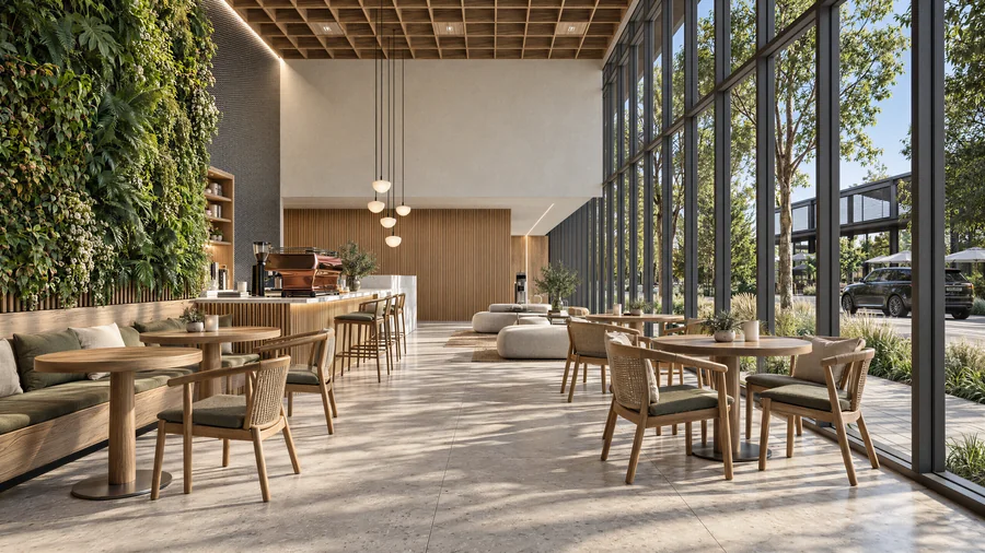 Imagem 3D de café, bairro planejado em Porto Belo, SC. Feita pela Oficina3D.