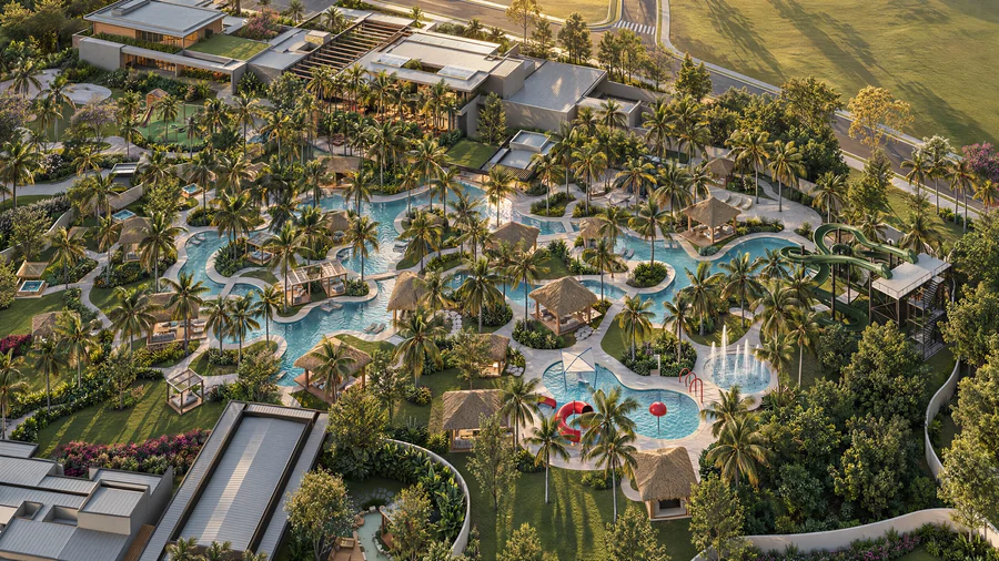 Imagem 3D de clube, vista aérea, condomínio de casas em Sinop, MT. Feita pela Oficina3D.