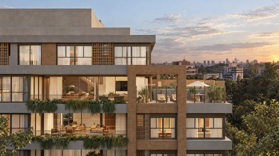 Imagem 3D de cobertura ao entardecer, edifício residencial em Curitiba, PR. Feita pela Oficina3D.
