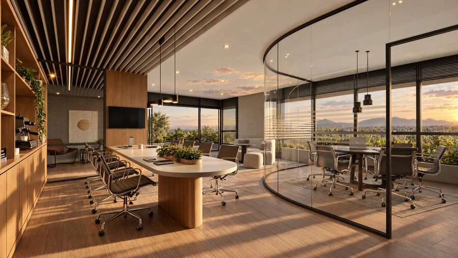 Imagem 3D de coworking, bairro planejado em Porto Belo, SC. Feita pela Oficina3D.