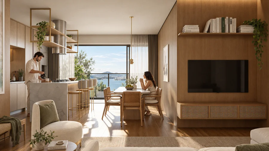 Imagem 3D de cozinha e jantar, edifício residencial em Balneário Piçarras, SC. Feita pela Oficina3D.