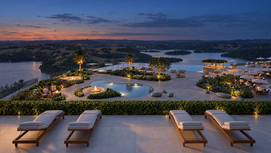 Imagem 3D de deck ao entardecer, hotel e resort em Piratuba, SC. Feita pela Oficina3D.