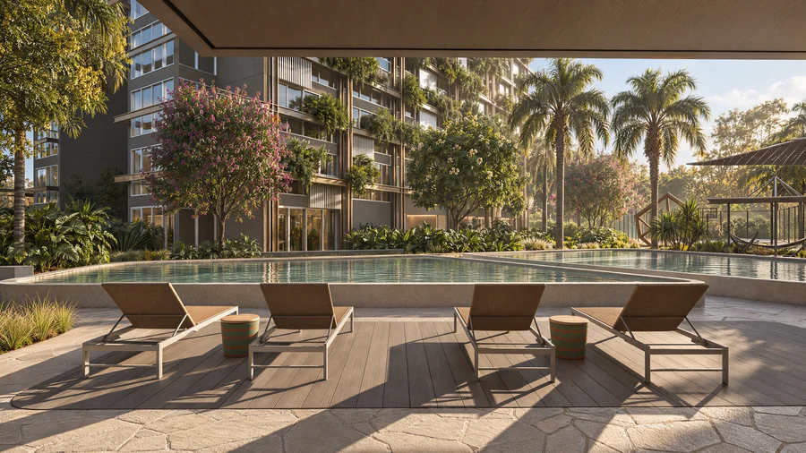 Imagem 3D de deck da piscina, edifício residencial em Blumenau, SC. Feita pela Oficina3D.