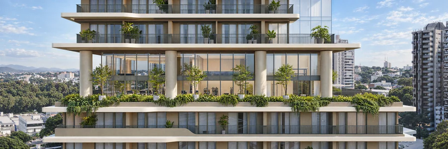 Imagem 3D de detalhe da fachada, edifício residencial em Maringá, PR. Feita pela Oficina3D.