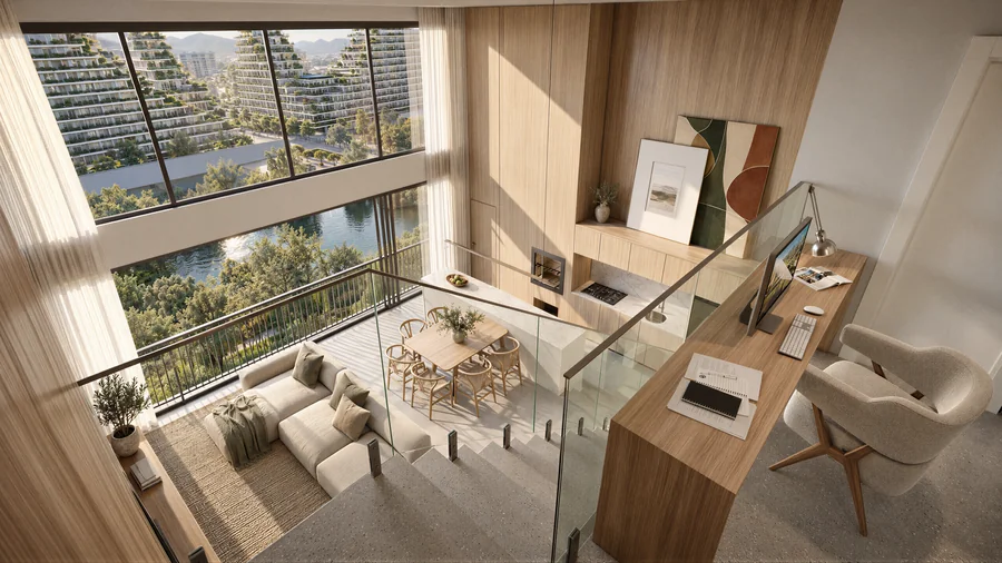 Imagem 3D de duplex, vista do mezanino, bairro planejado em Porto Belo, SC. Feita pela Oficina3D.