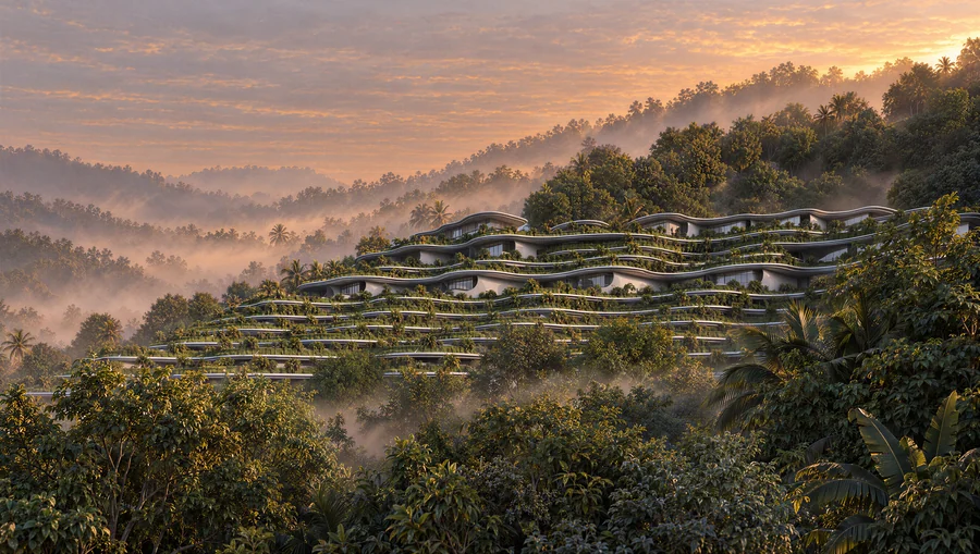 Imagem 3D de encosta ao amanhecer, hotel e resort em Cebu, Filipinas. Feita pela Oficina3D.