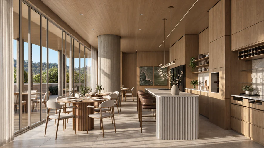 Imagem 3D de espaço gourmet, edifício residencial em Blumenau, SC. Feita pela Oficina3D.