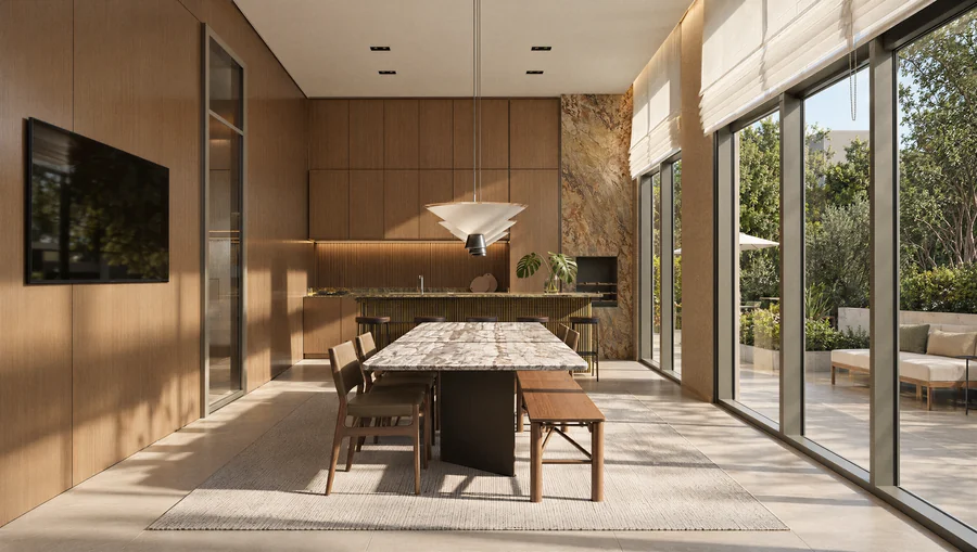 Imagem 3D de espaço gourmet, edifício residencial em Curitiba, PR. Feita pela Oficina3D.