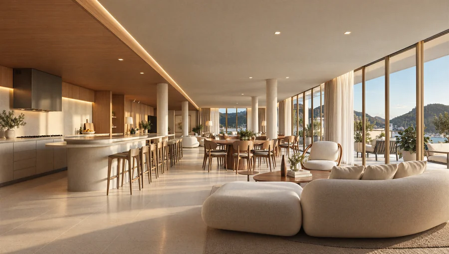 Imagem 3D de espaço gourmet, edifício residencial em Florianópolis, SC. Feita pela Oficina3D.