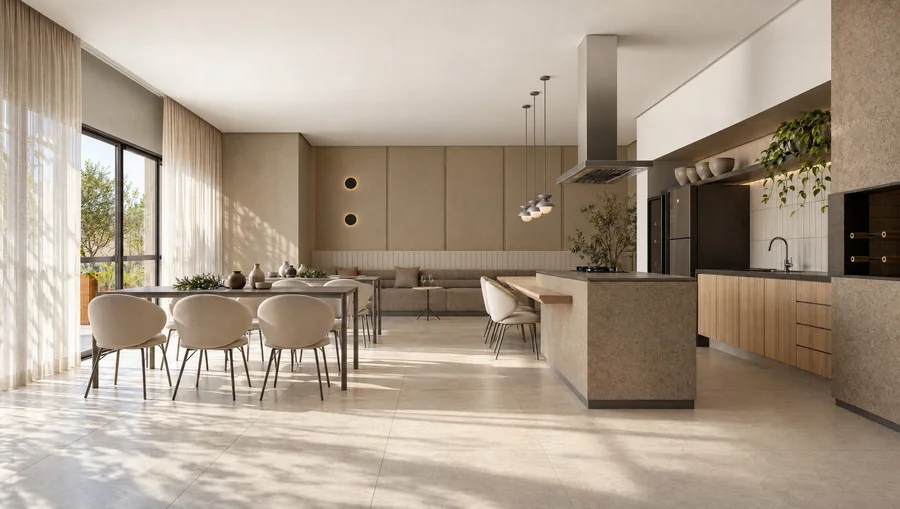 Imagem 3D de espaço gourmet, edifício residencial em Londrina, PR. Feita pela Oficina3D.