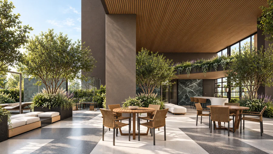 Imagem 3D de espaço gourmet, edifício residencial em Natal, RN. Feita pela Oficina3D.