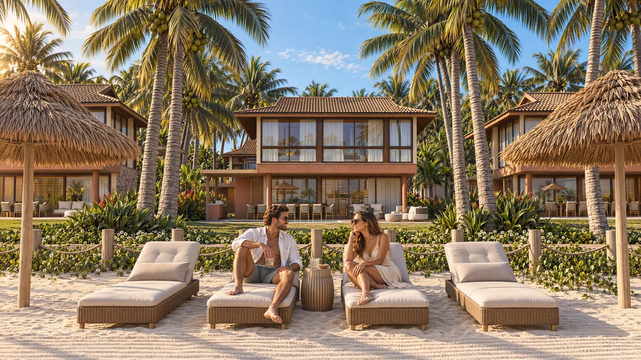 Imagem 3D de espreguiçadeiras na areia, condomínio de casas em Japaratinga, AL. Feita pela Oficina3D.