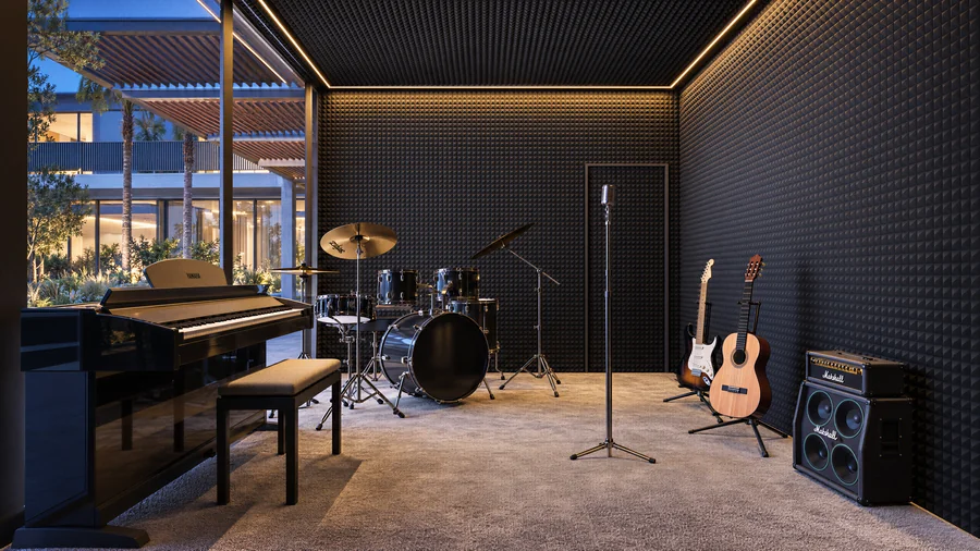 Imagem 3D de estúdio de música, bairro planejado em Porto Belo, SC. Feita pela Oficina3D.