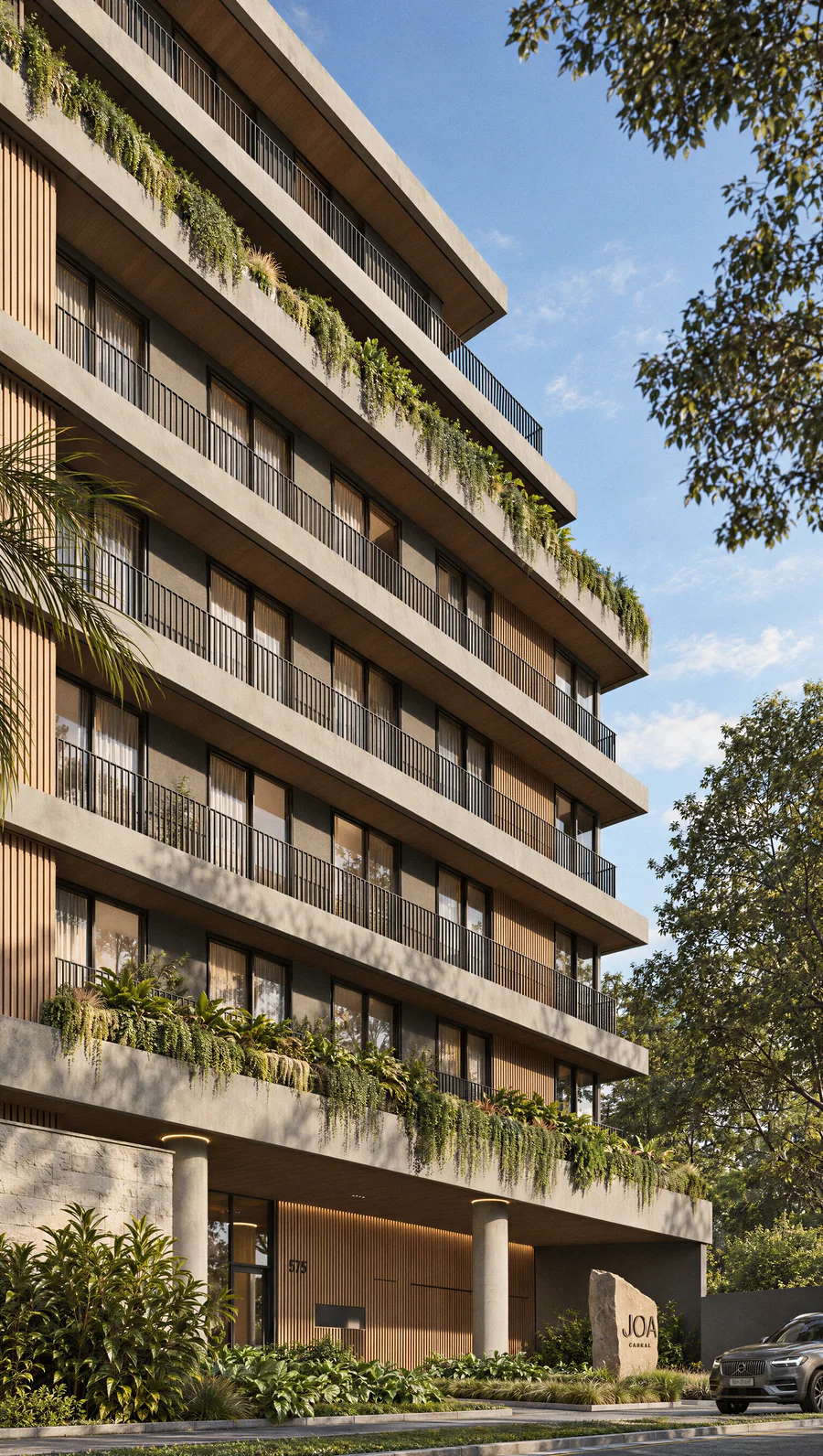 Imagem 3D de fachada e jardineiras, edifício residencial em Curitiba, PR. Feita pela Oficina3D.