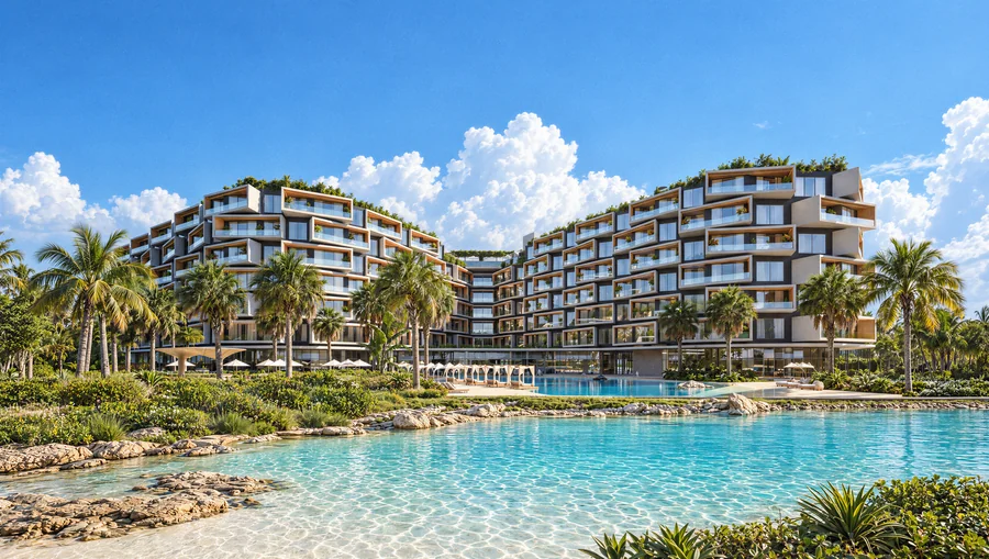 Imagem 3D de fachada e lagoa, hotel e resort em Punta Cana, República Dominicana. Feita pela Oficina3D.