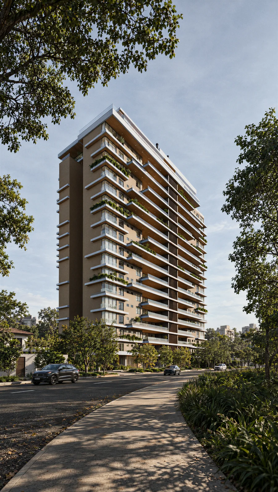 Imagem 3D de fachada e rua, edifício residencial em São José do Rio Preto, SP. Feita pela Oficina3D.