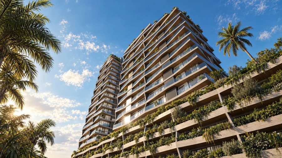 Imagem 3D de fachada, edifício residencial em Balneário Piçarras, SC. Feita pela Oficina3D.