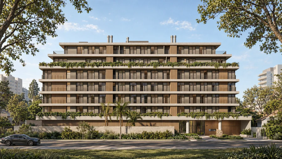Imagem 3D de fachada, edifício residencial em Curitiba, PR. Feita pela Oficina3D.