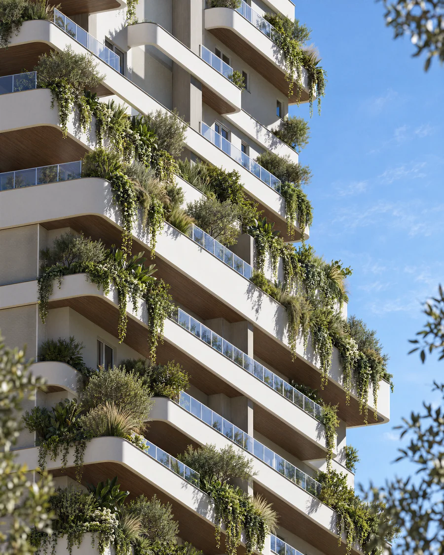 Imagem 3D de fachada, jardins verticais, edifício residencial em Blumenau, SC. Feita pela Oficina3D.