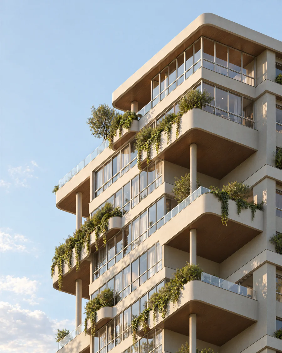 Imagem 3D de fachada, varandas, edifício residencial em Blumenau, SC. Feita pela Oficina3D.