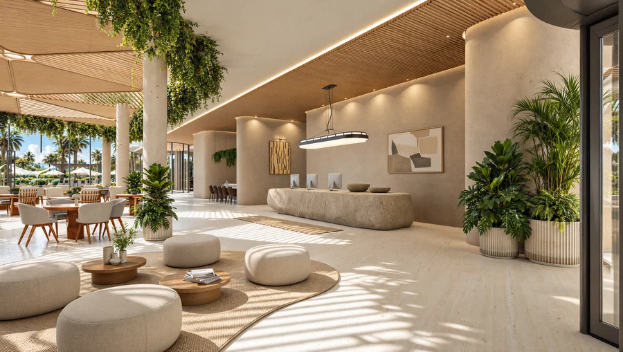 Imagem 3D de foyer, hotel e resort em Punta Cana, República Dominicana. Feita pela Oficina3D.