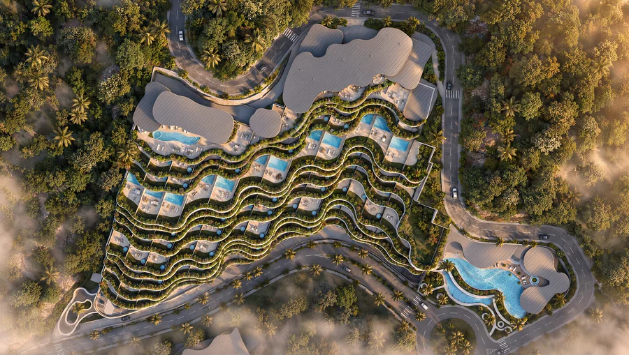 Imagem 3D de implantação aérea, hotel e resort em Cebu, Filipinas. Feita pela Oficina3D.