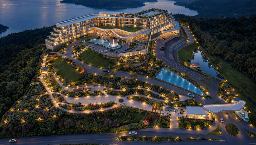 Imagem 3D de implantação noturna, hotel e resort em Piratuba, SC. Feita pela Oficina3D.