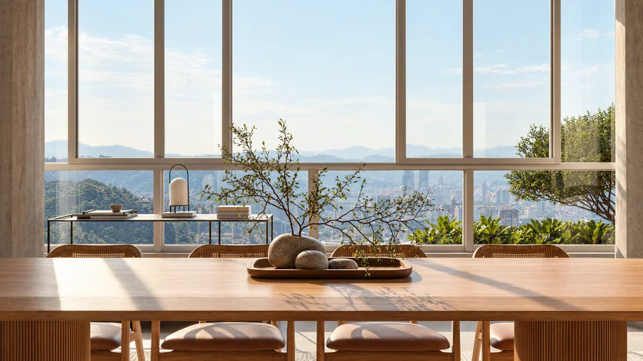 Imagem 3D de jantar com vista, apto 3701, edifício residencial em Blumenau, SC. Feita pela Oficina3D.