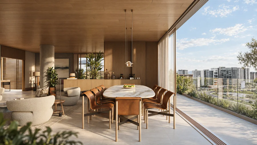 Imagem 3D de jantar e varanda, 445 m², edifício residencial em São José do Rio Preto, SP. Feita pela Oficina3D.