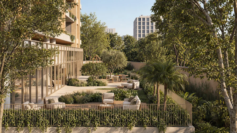 Imagem 3D de jardim, edifício residencial em Curitiba, PR. Feita pela Oficina3D.