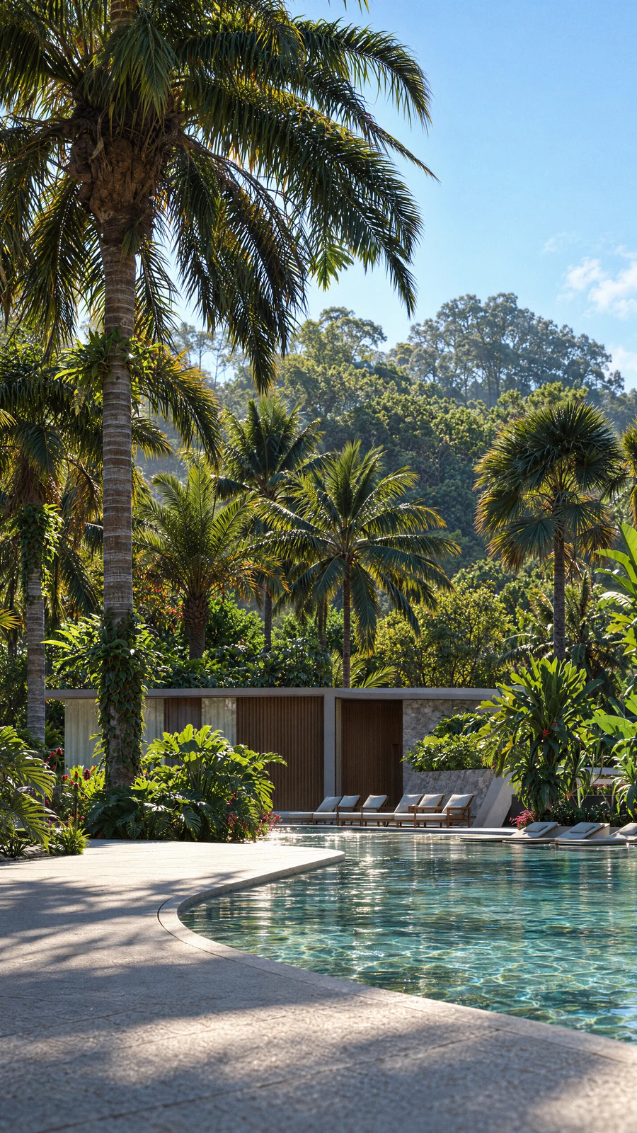 Imagem 3D de jardim tropical, edifício residencial em Praia Brava, SC. Feita pela Oficina3D.