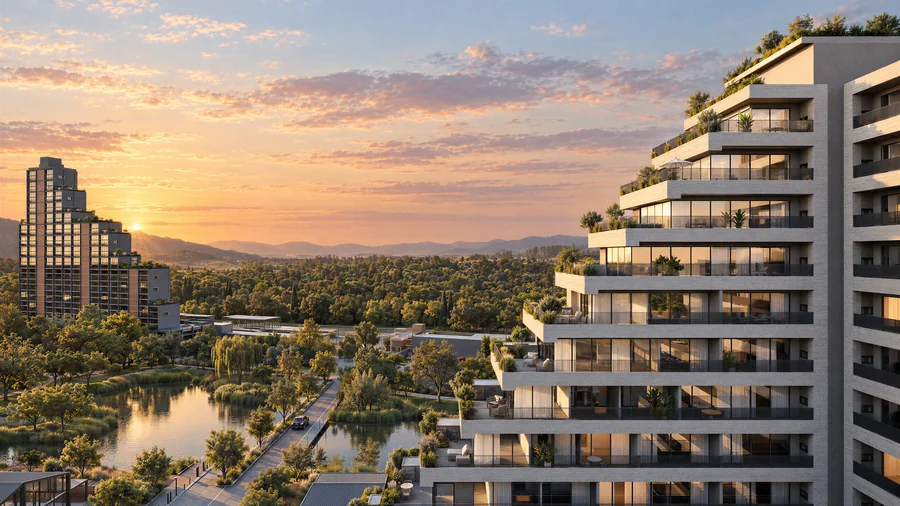 Imagem 3D de lago ao entardecer, bairro planejado em Porto Belo, SC. Feita pela Oficina3D.