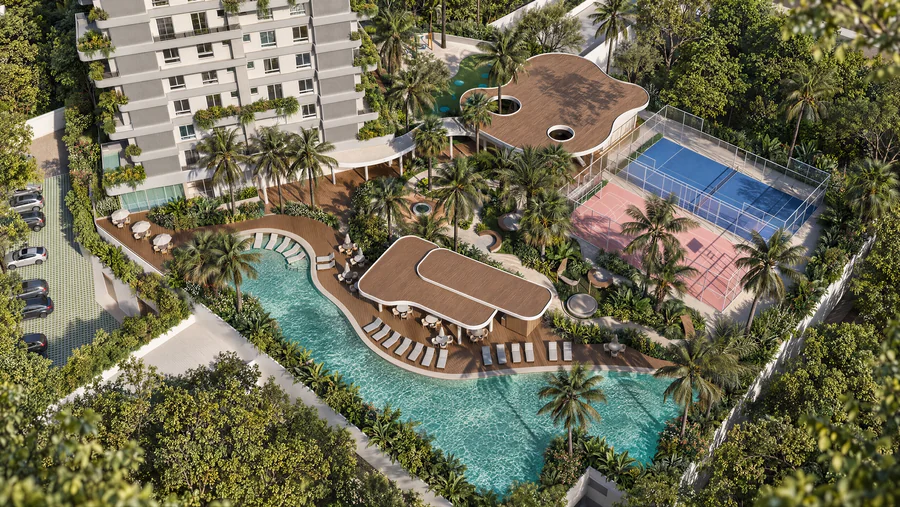 Imagem 3D de lazer, vista aérea, edifício residencial em Blumenau, SC. Feita pela Oficina3D.
