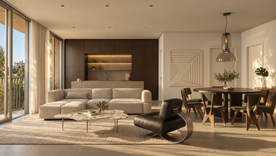 Imagem 3D de living com varanda, edifício residencial em Curitiba, PR. Feita pela Oficina3D.