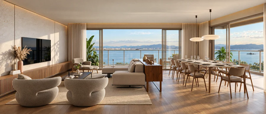 Imagem 3D de living do apartamento, edifício residencial em Florianópolis, SC. Feita pela Oficina3D.