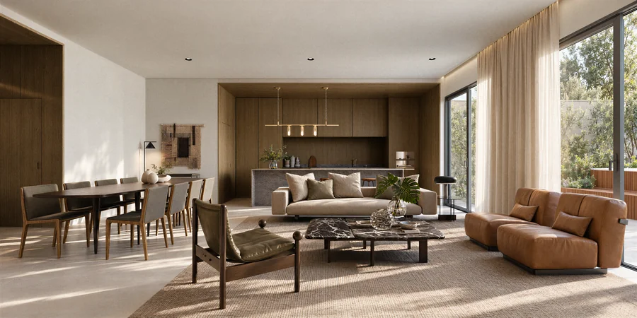 Imagem 3D de living e jantar, edifício residencial em Curitiba, PR. Feita pela Oficina3D.