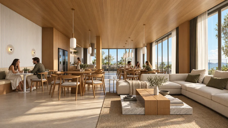 Imagem 3D de living, edifício residencial em Balneário Piçarras, SC. Feita pela Oficina3D.
