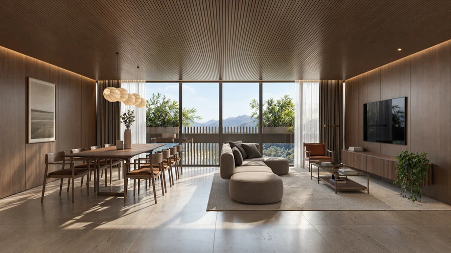 Imagem 3D de living, edifício residencial em Blumenau, SC. Feita pela Oficina3D.