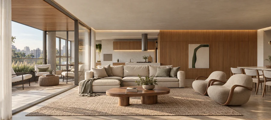 Imagem 3D de living, edifício residencial em Curitiba, PR. Feita pela Oficina3D.