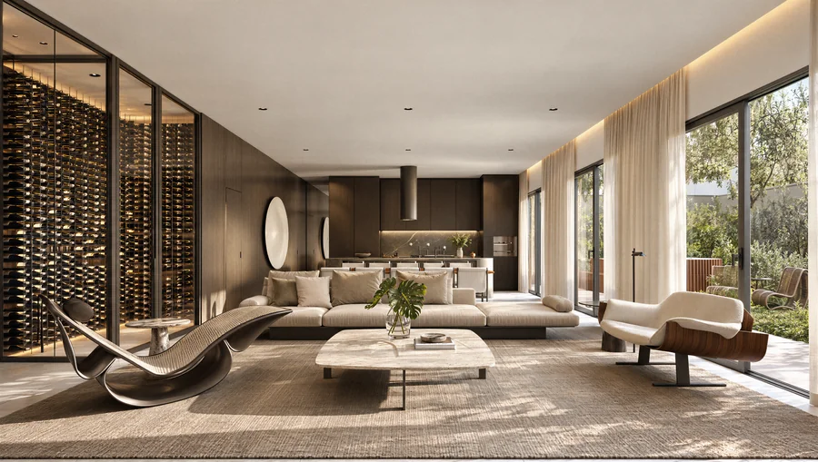 Imagem 3D de living, edifício residencial em Curitiba, PR. Feita pela Oficina3D.