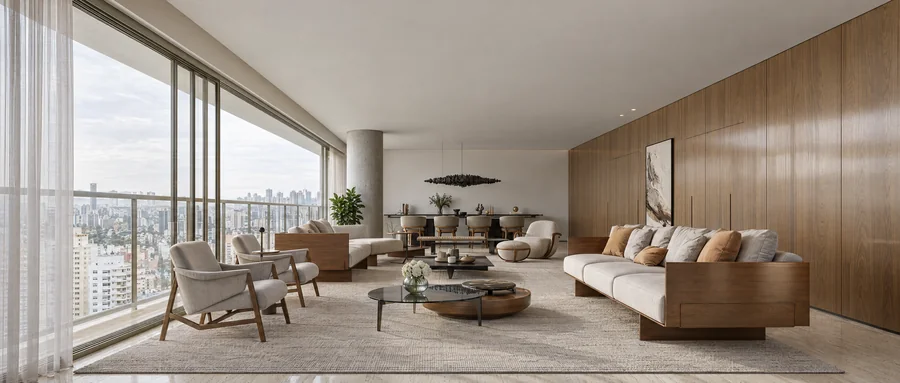Imagem 3D de living, edifício residencial em São Paulo, SP. Feita pela Oficina3D.