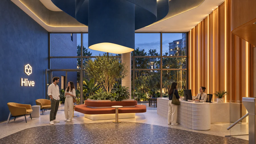 Imagem 3D de lobby, edifício residencial em Curitiba, PR. Feita pela Oficina3D.