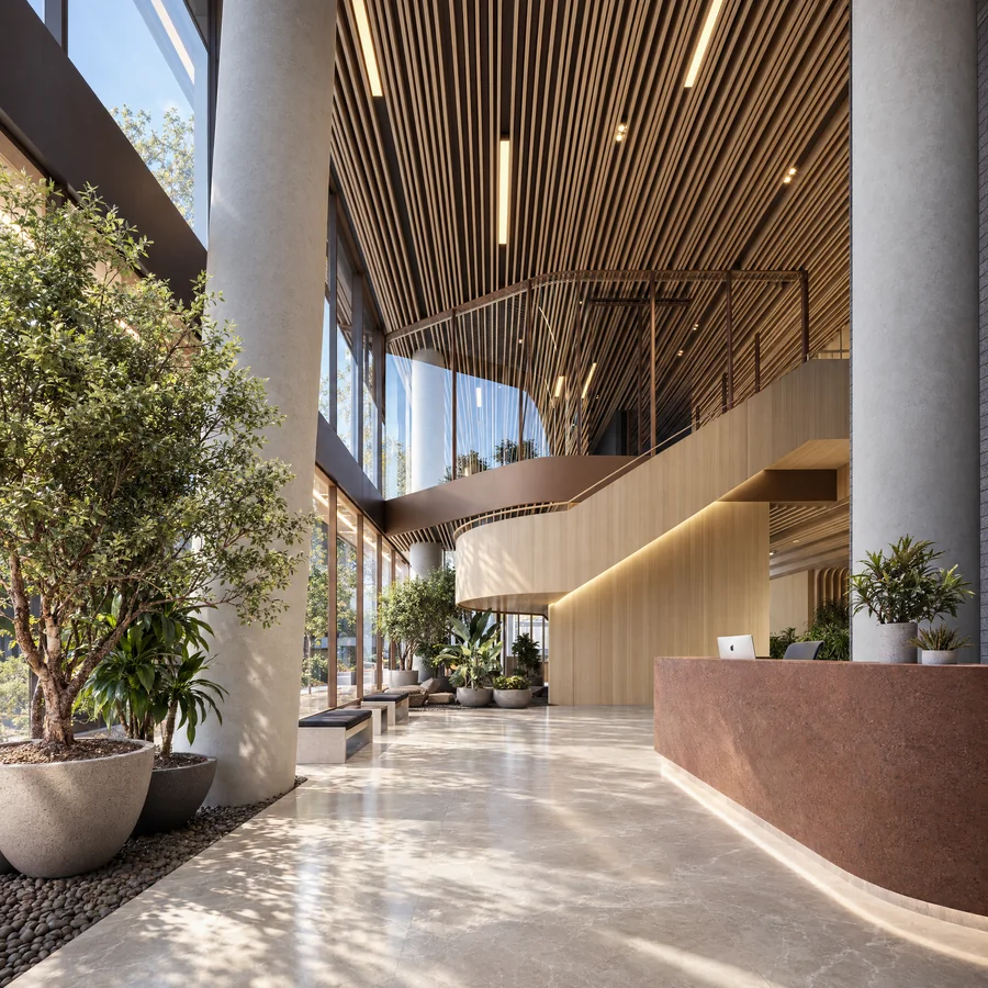 Imagem 3D de lobby, edifício residencial em Maringá, PR. Feita pela Oficina3D.
