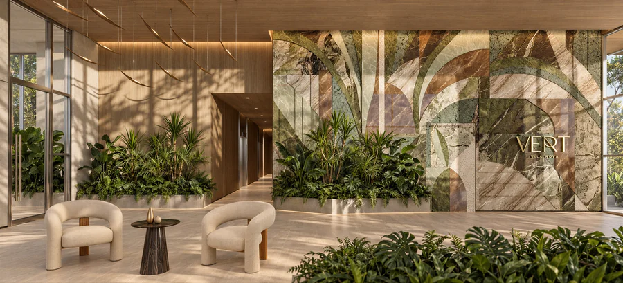 Imagem 3D de lobby, edifício residencial em São Paulo, SP. Feita pela Oficina3D.