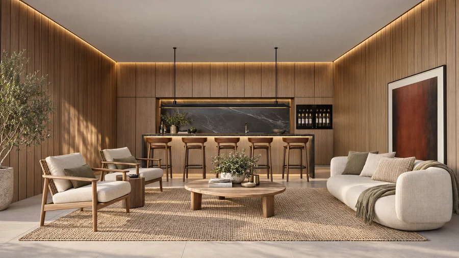 Imagem 3D de lounge, bairro planejado em Porto Belo, SC. Feita pela Oficina3D.