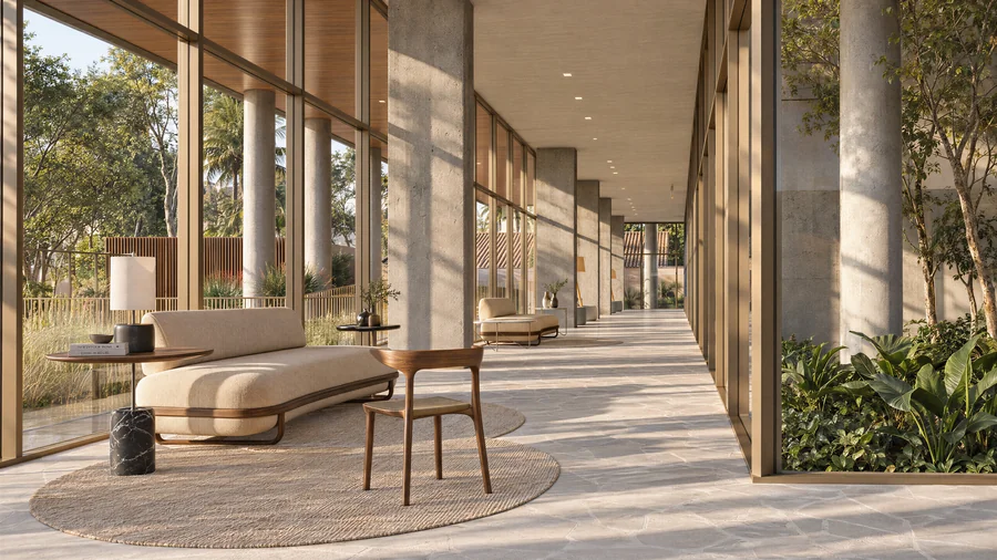 Imagem 3D de lounge, edifício residencial em Curitiba, PR. Feita pela Oficina3D.
