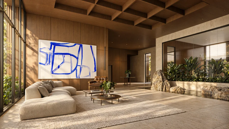 Imagem 3D de lounge, edifício residencial em Curitiba, PR. Feita pela Oficina3D.