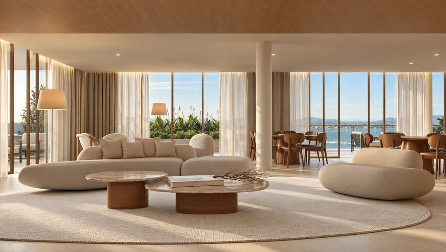 Imagem 3D de lounge, edifício residencial em Florianópolis, SC. Feita pela Oficina3D.